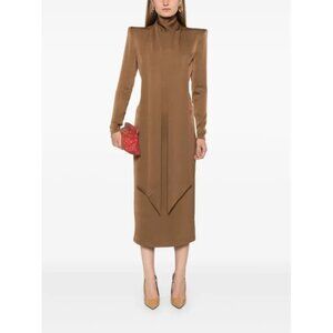 NWT $5200 Alex Perry Long Sleeve Scarf Detail Midi Dress Brown Size 6